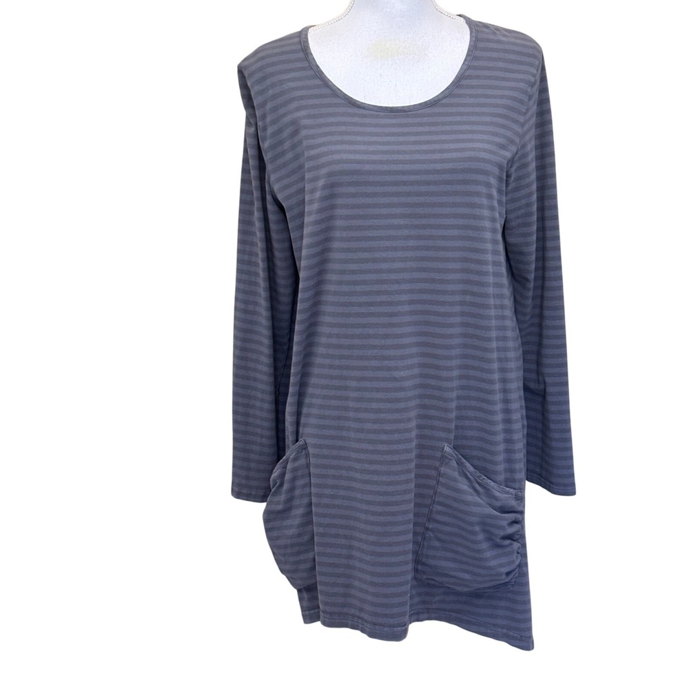 Iridium Gray Striped Tunic Cotton Blend Medium Lagenlook Artsy Travel Comfy Boho